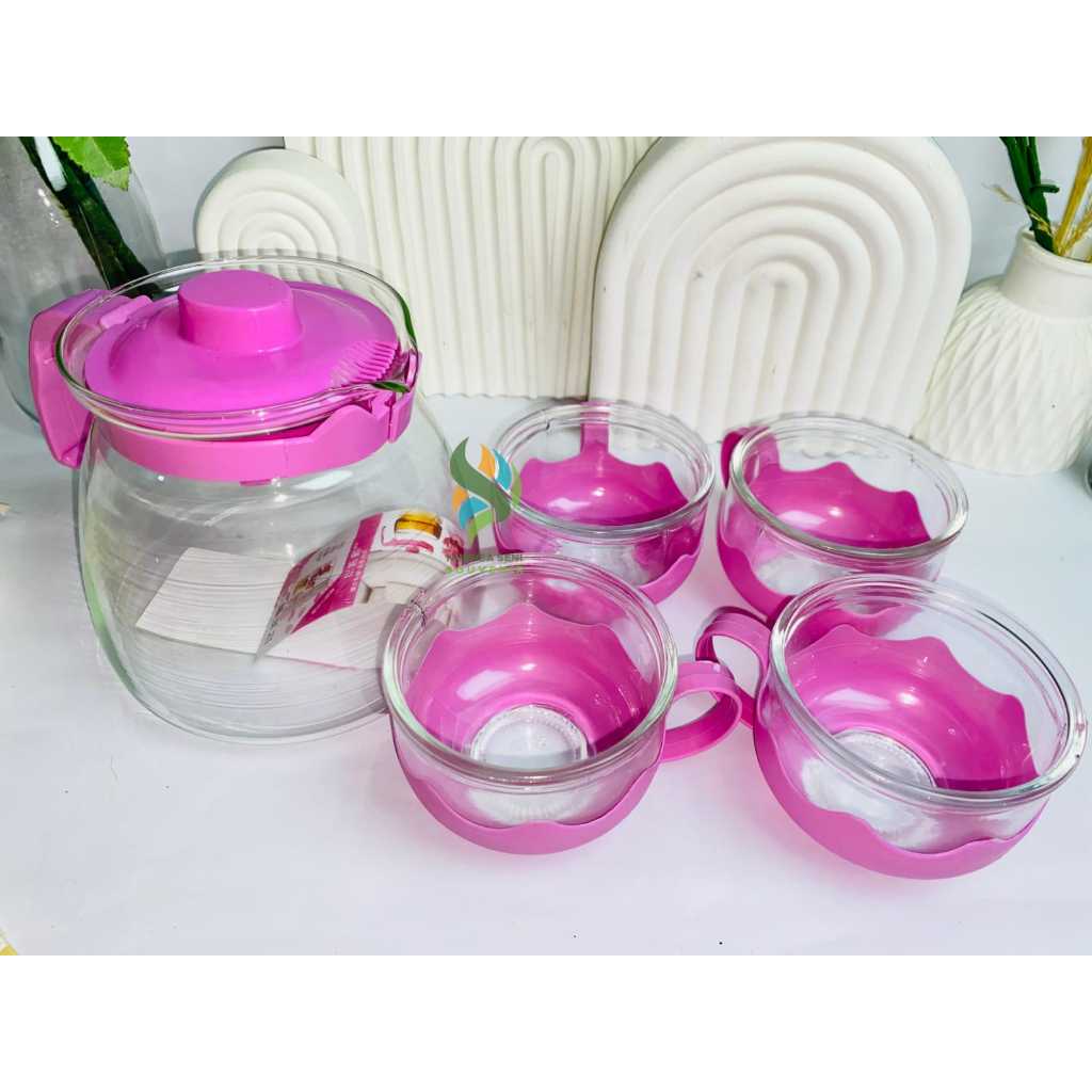 Tea Pot Warna Tanpa Saringan Set Isi 1 Teko 4 Cangkir Kecil Tea Pot Set Teko Set Kaca 4in1 Elegant