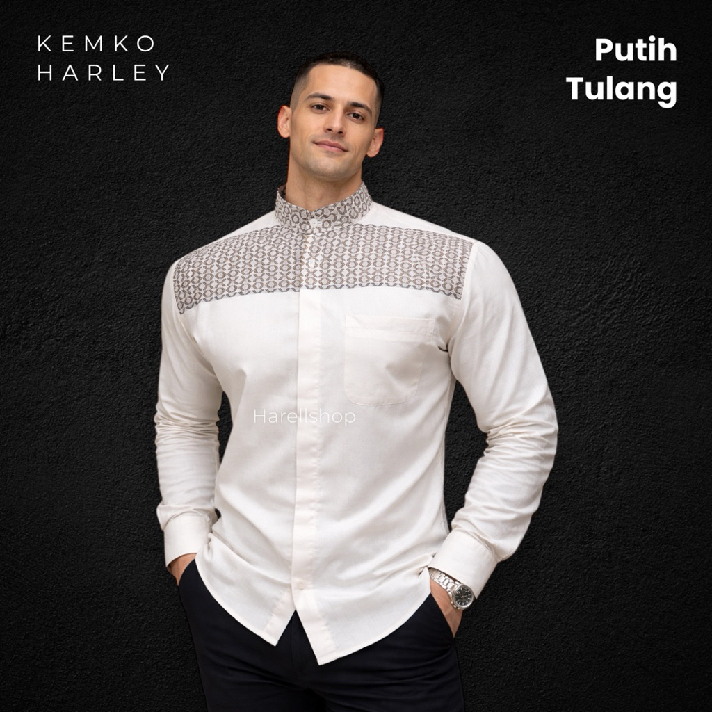 Kemko Harley Ori Putih Bersih Putih Tulang Motif | Kemeja Koko Pria Lengan Panjang Katun Premium Ade