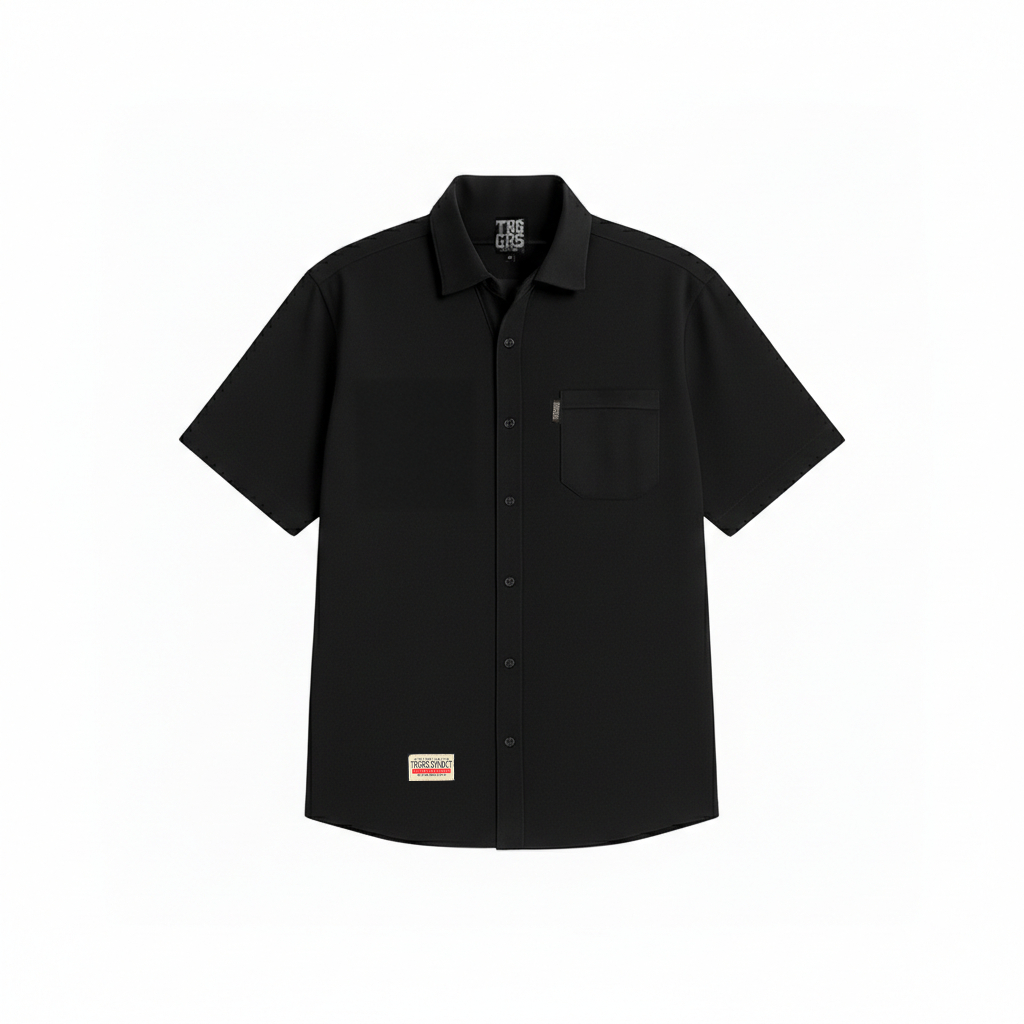 TRIGGERS Kemeja Flanel Polos Lengan Pendek Kemeja Pria Black