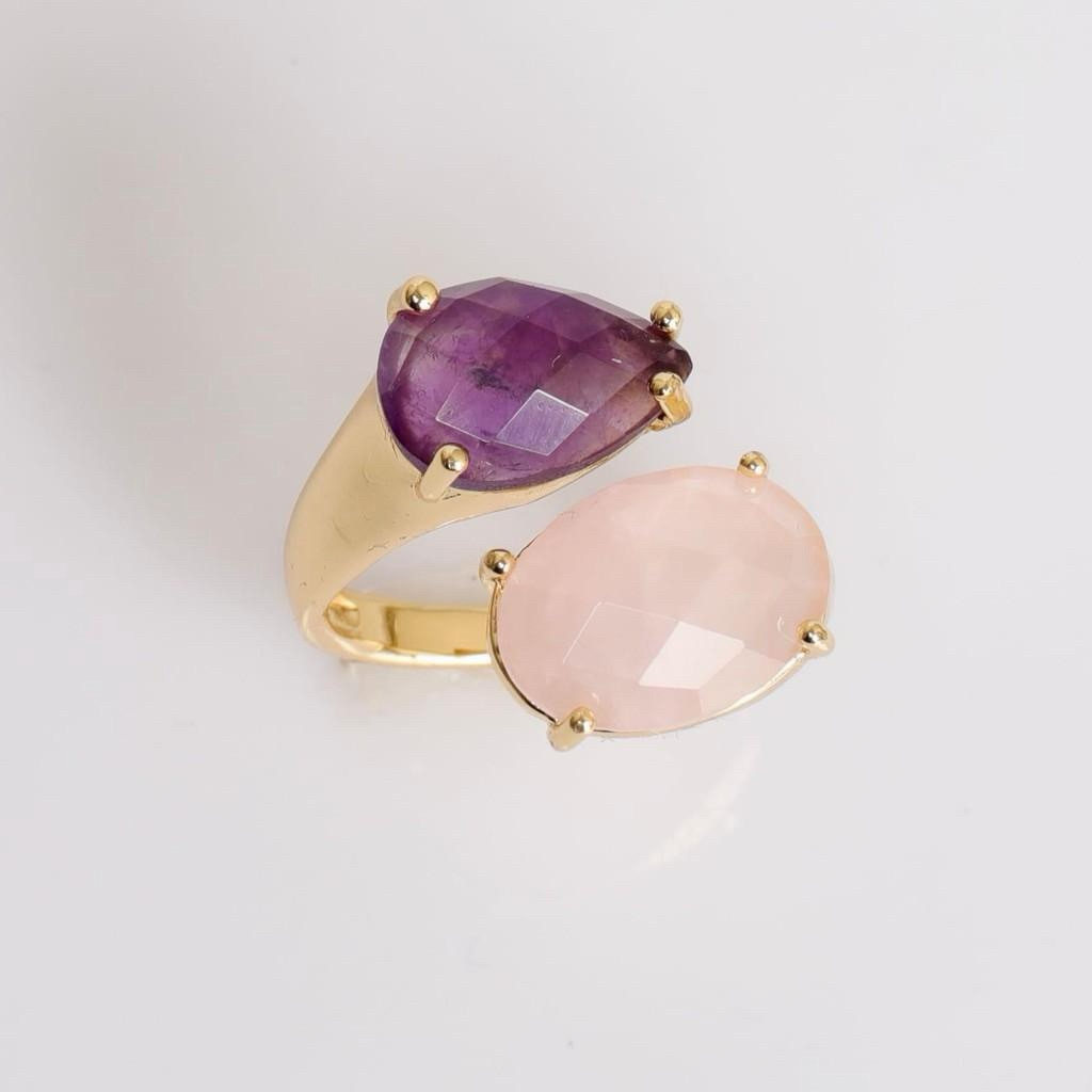 Amethyst and Rose Quartz Women Gold Ring - Made In Turkey - High Qualty - Cincin  Wanita Batu Adjust