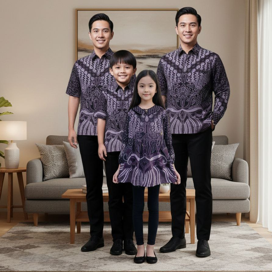 Couple Batik Ayah Dan Anak Cewek Cowok Lengan Panjang Warna Ungu Lilac Motif Krispatih