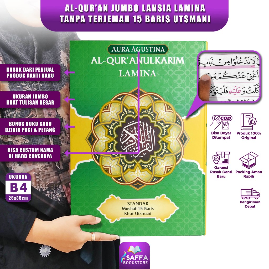 Al Quran Jumbo B4 Lamina 15 Baris Custom Nama Alquran Lansia Mushaf Usmani Tanpa Terjemah