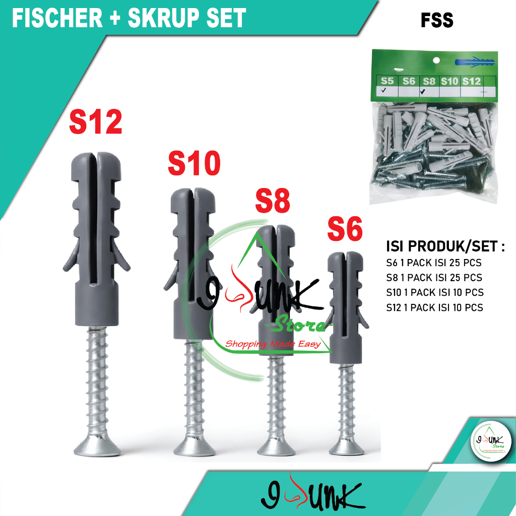 Fisher + Skrup Set Ukaran S6, S8, S10, S12 / Pengencang Baut Fastener / Sekrup & Fastener / Angkur D