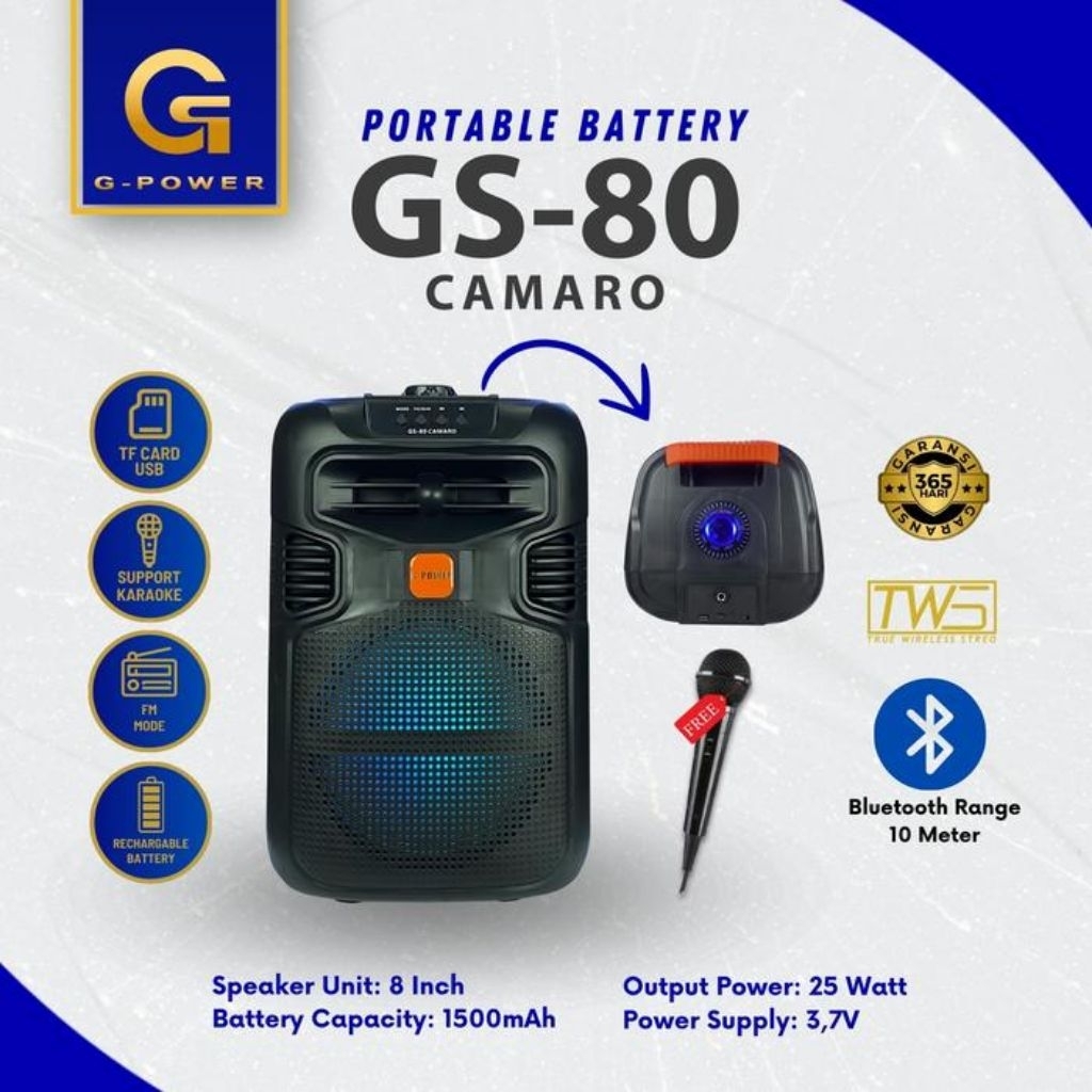 Speaker G-Power Gs-80 Camaro / BumblebeeSpeaker Portable Bluetooth 8Inch Free 1 Microphone Kabel Gar