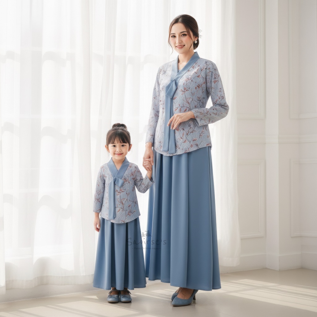 SAOIRSE'S Yeorin Hanbok Ash Blue Couple Ibu Anak 2-12 Tahun Gamis Kondangan Jumbo Style x SLB
