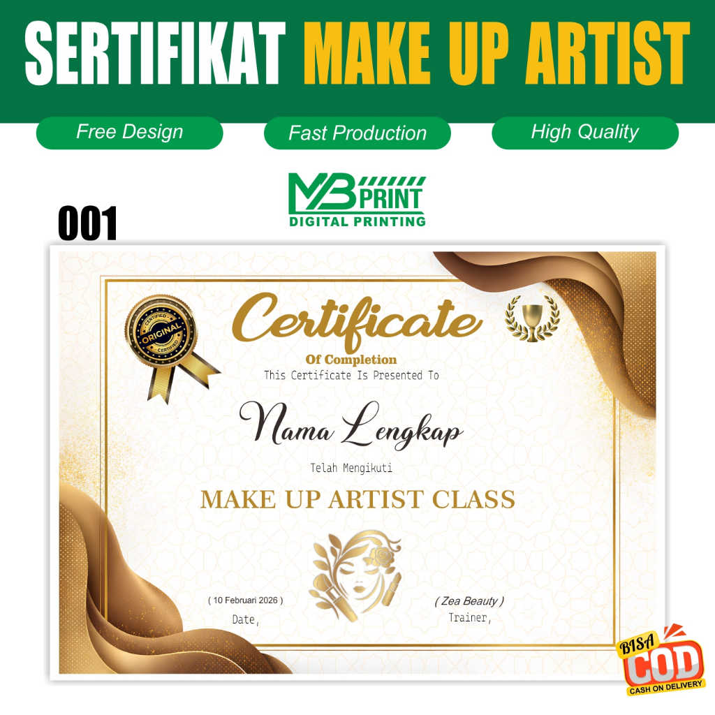 Cetak Sertifikat Make Up Artist  / Cetak Piagam Sertifikat Kursus Kecantikan