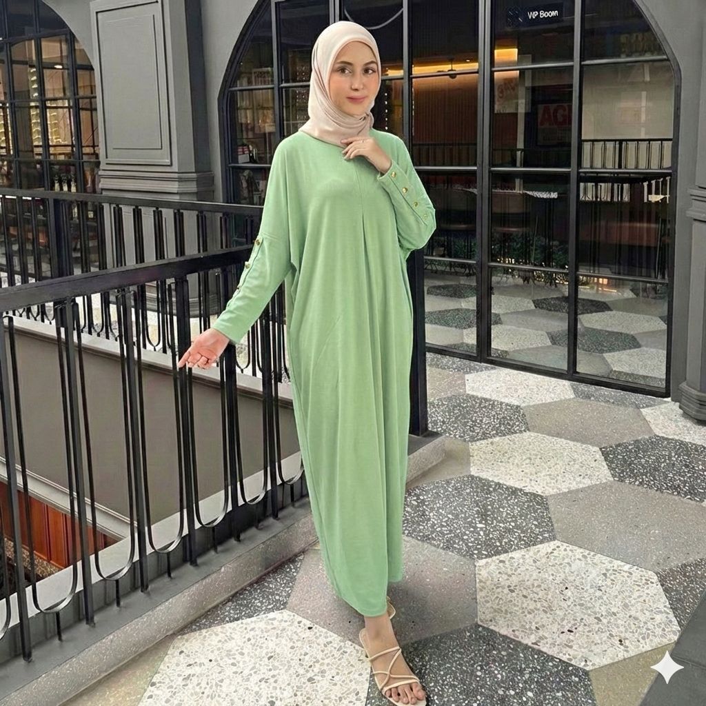 Dress Batwing Button Knit Premium - Gamis Casual Simpel Panjang Muslim Sporty Busui