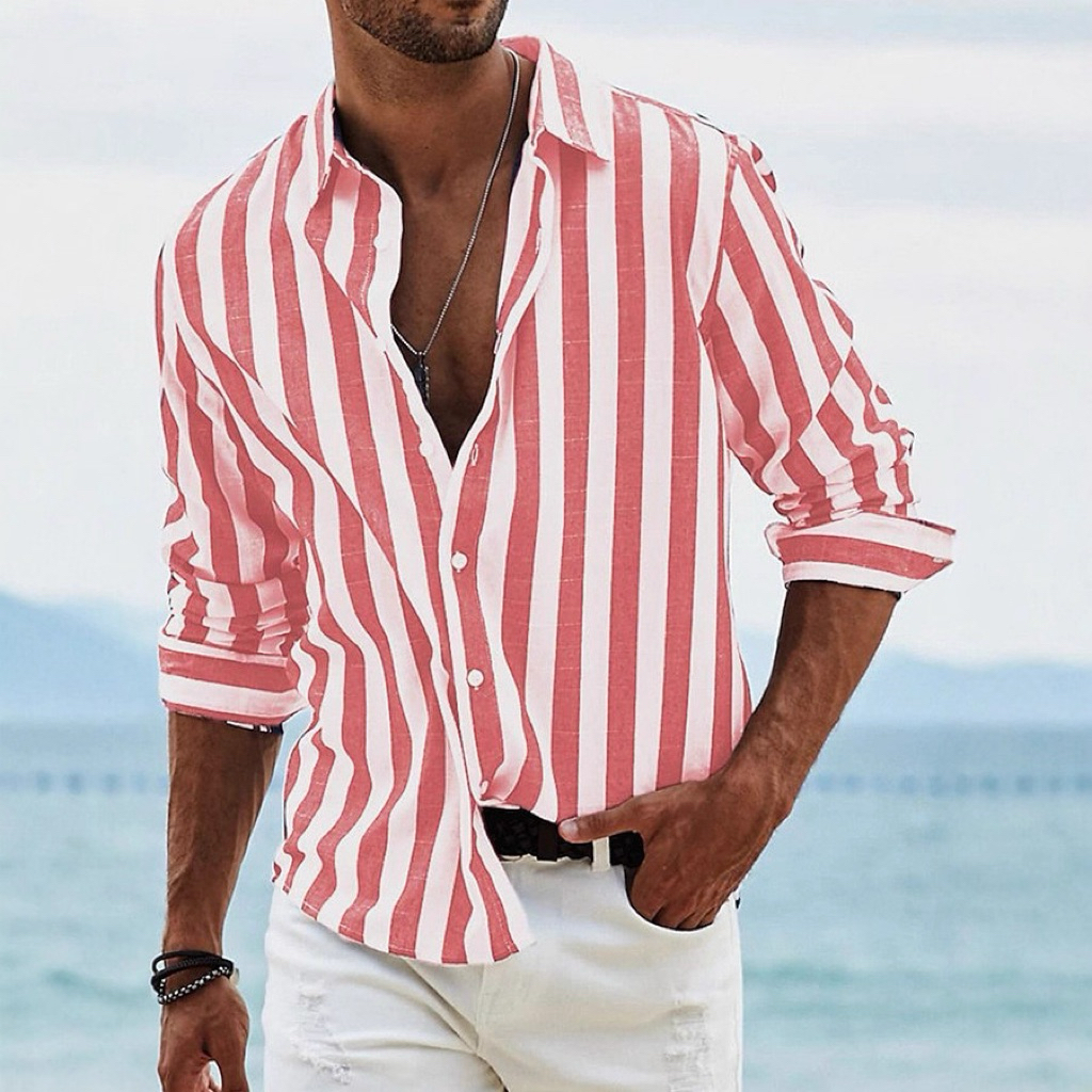 Kemeja Pria Salur Lengan Panjang Premium | Kemeja Casual Pantai | Atasan Pria Kekinian