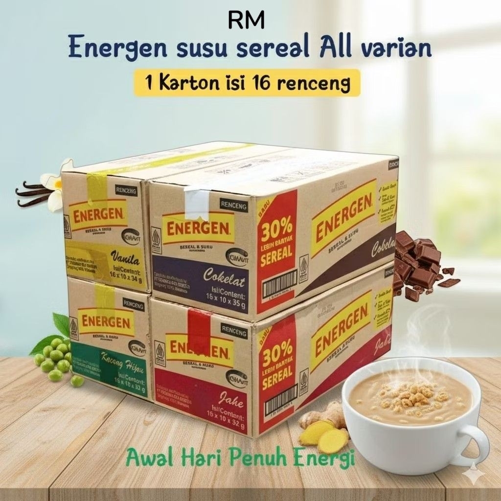 1 DUS ENERGEN SACHET VANILLA COKLAT KACANG HIJAU ISI 16 RENCENG @30gr
