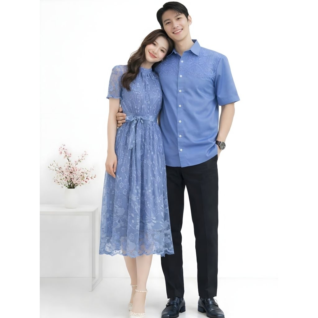 Couple Dress Tile Bordir + Kemeja Pria Satin Velvet Mewah Baju Kondangan Sepasang Andin Jc