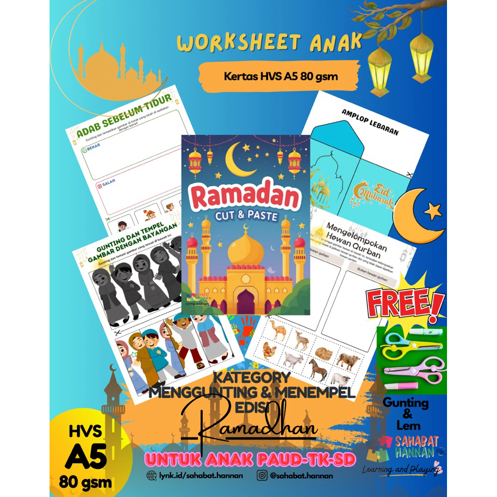 Lembar Aktivitas Menggunting dan Menempel Worksheet Ramadhan Anak PAUD TK SD - Tema Islami - TERMURA