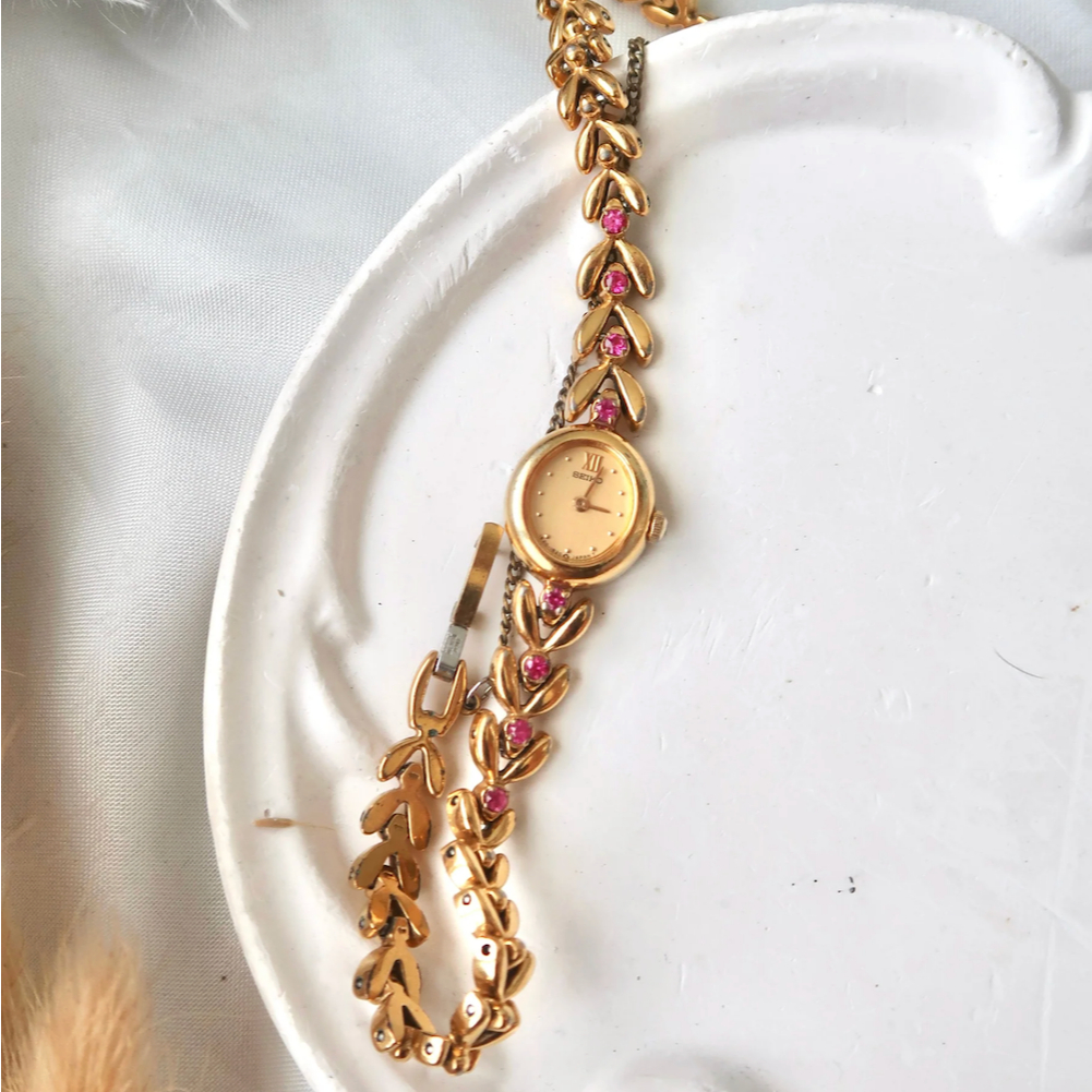 Jam Tangan Wanita Vintage Watch Seiko 8P Pink Jewels Gold Chain Original Autentik Preloved Bekas