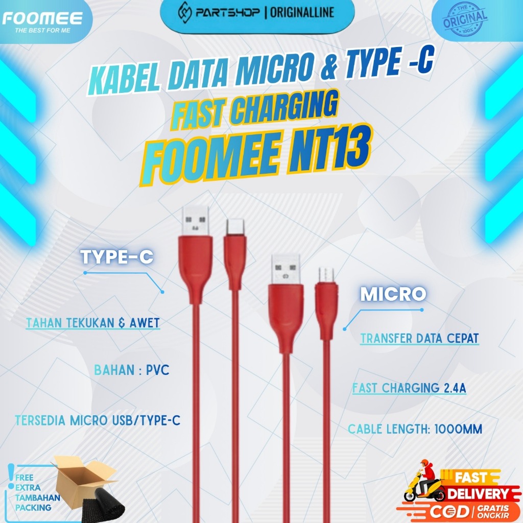 FOOMEE Kabel Charger NT13-M / NT13-C / NT13-L 2.4A Fast Charging 100CM (ECER)