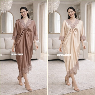 Dress Kondangan Kaftan Wanita Polos Elegant Satin Kombinasi Renda Lace Gamis Hari Raya Lebaran 2026