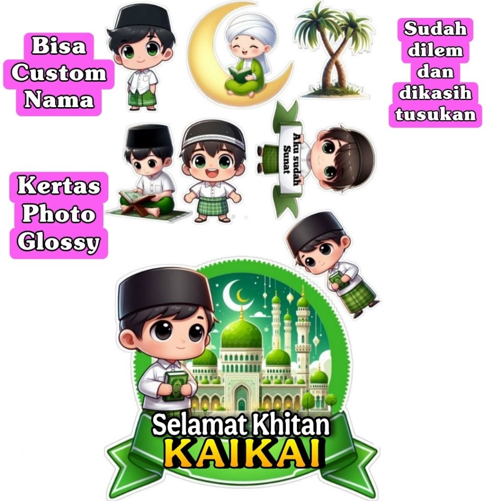Topper Khitanan Selamat Khitan Custom Nama Hiasan Kue cake