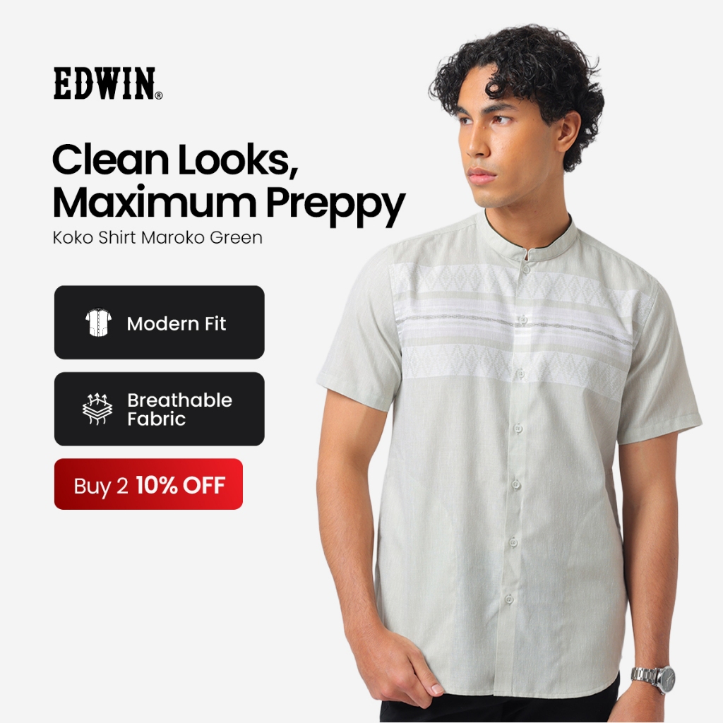 EDWIN JEANS - Kemeja Koko Pria Lengan Pendek MAROKO GREEN Baju Muslim Pria