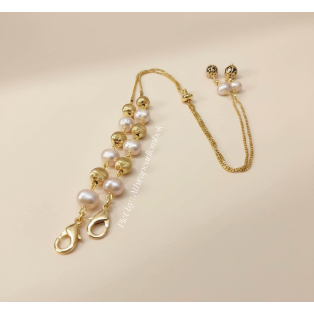 Aksesoris Perhiasan Konektor Connector Hijab Masker Rantai Serut Rhodium Lapis Emas 18 Karat Mutiara