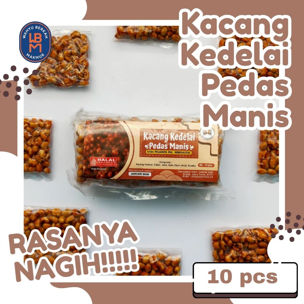 WBM - 1 PACK KACANG KEDELAI PEDAS MANIS - Camilan Kacang Kedelai Gula Cabai Asem Jahe 1 Pack 10 Pcs