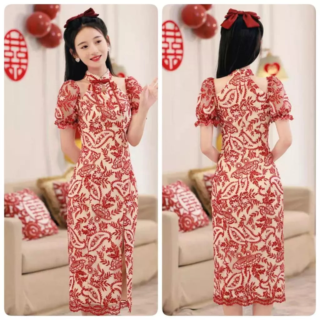 Dress Cheongsam Panjang Brokat Merah Putih Wanita Modern Slim Fit | Dress Imlek CNY Pesta Kondangan 