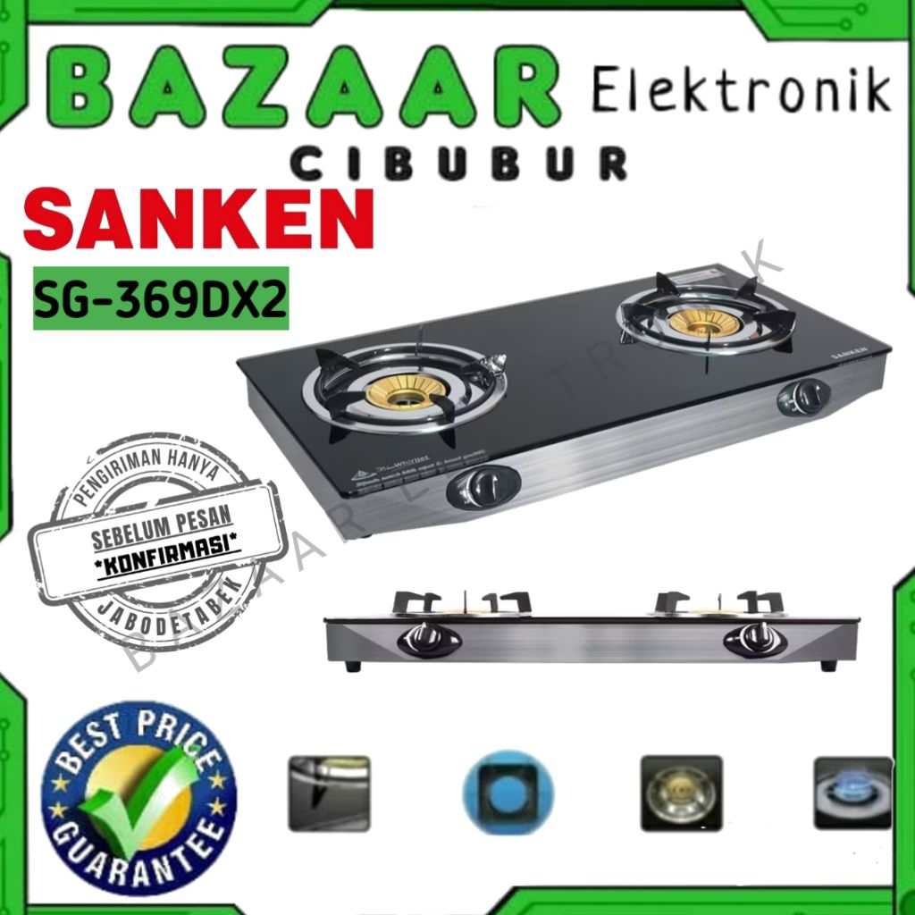 KOMPOR GAS KACA 2 TUNGKU SANKEN SG 369 DX2 / SG369DX2 / SG-369DX2 - TEMPERED GLASS