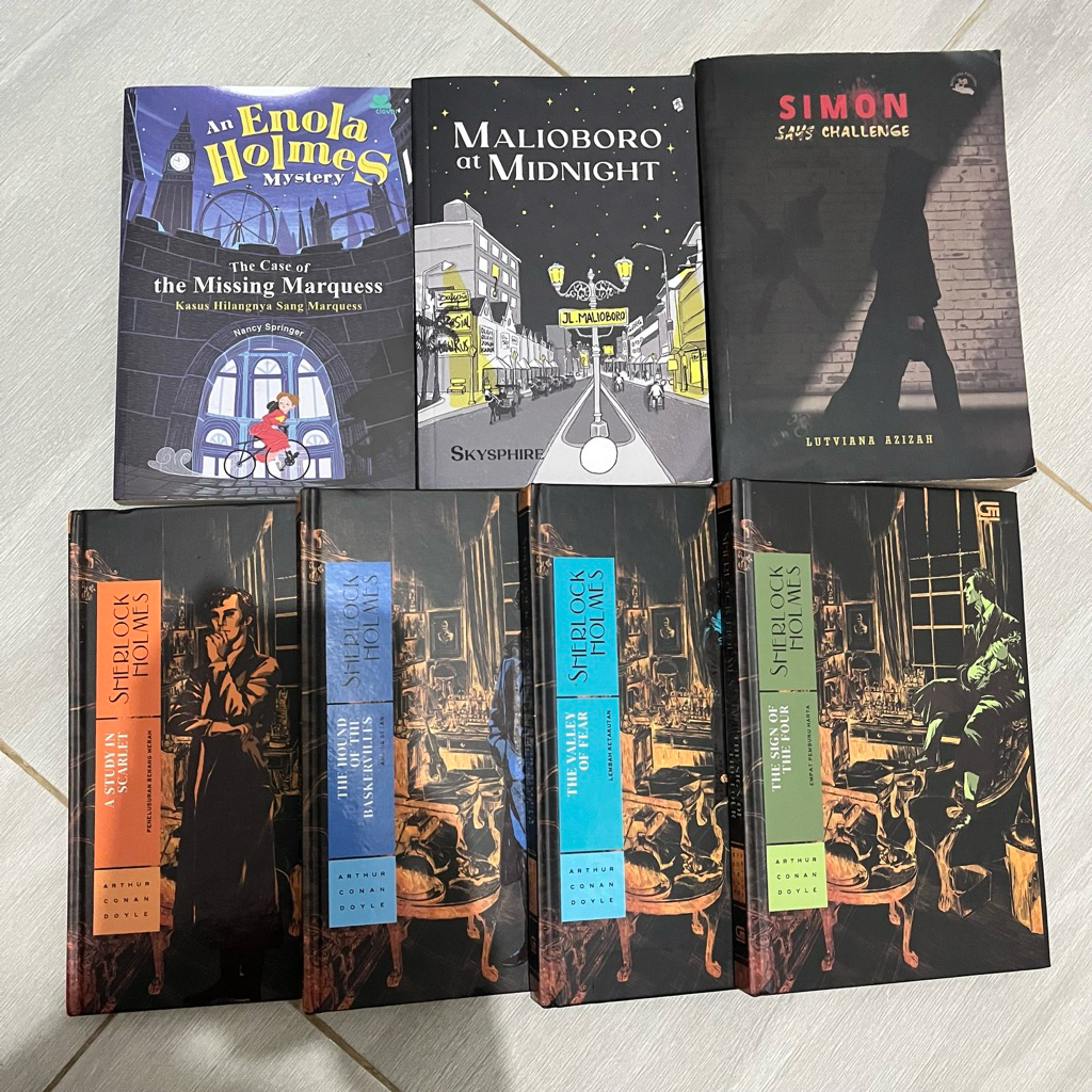 PRELOVED NOVEL MALIOBORO AT MIDNIGHT, SIMON SAYS CHALLENGE, SHERLOCK HOLMES HARD COVER, ENOLA HOLMES