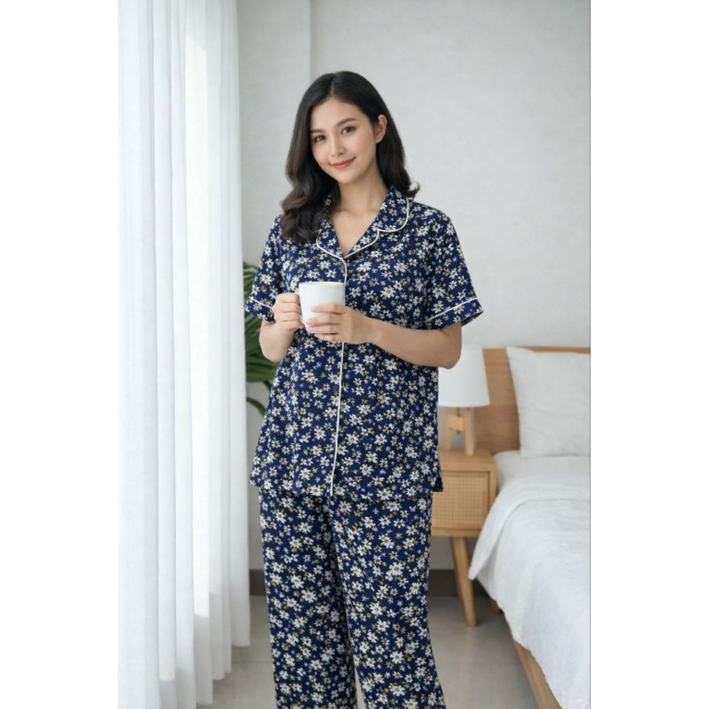 Piyama Set Motif Bunga Warna Navy