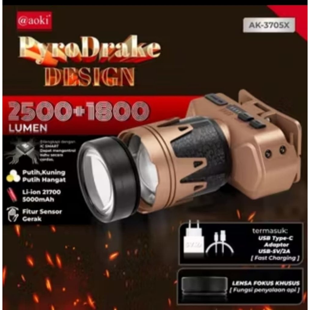 ORIGINAL 100% AOKI PYRO DRAKE AK-3705X 4300 LUMEN( 2500+1800 LUMEN) super TERANG bisa Nyulut Api
