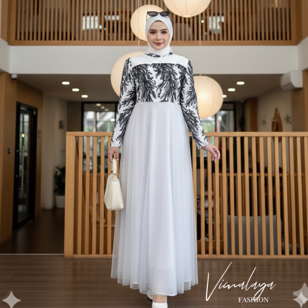 Gamis Putih Tile Bordir Payet Kombinasi Tile Tutu 71341 Baju Muslim Lebaran Vima