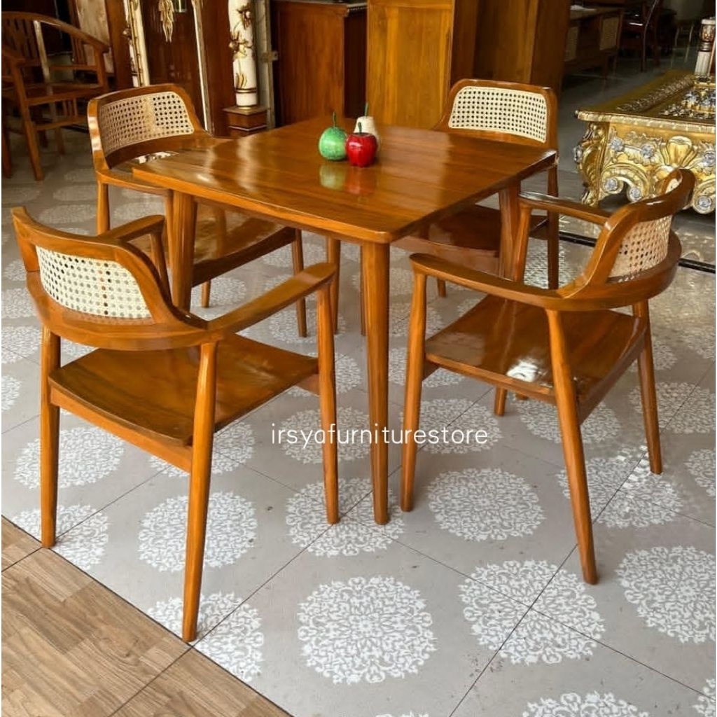 Meja Makan Kayu Jati Tebal Anti Rayap & Tahan Lama - Set Meja 4 Kursi Cafe