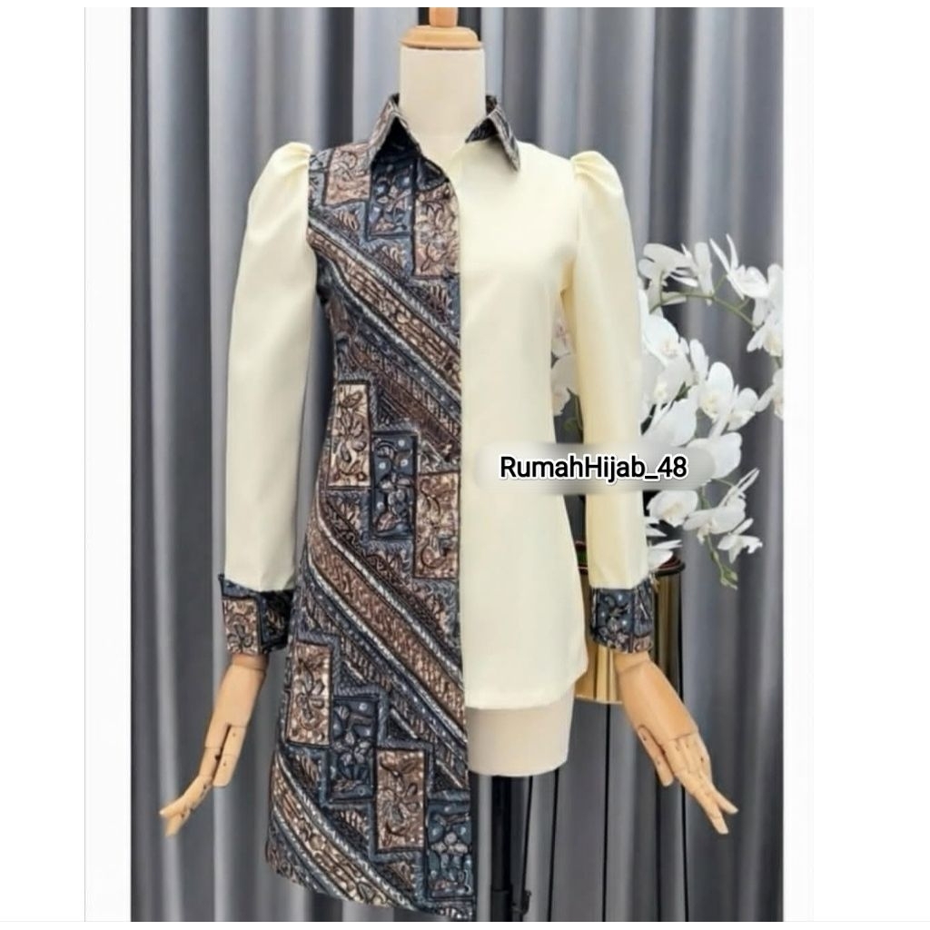 Blus Batik Wanita Kombinasi Batik dan Polos warna Krem