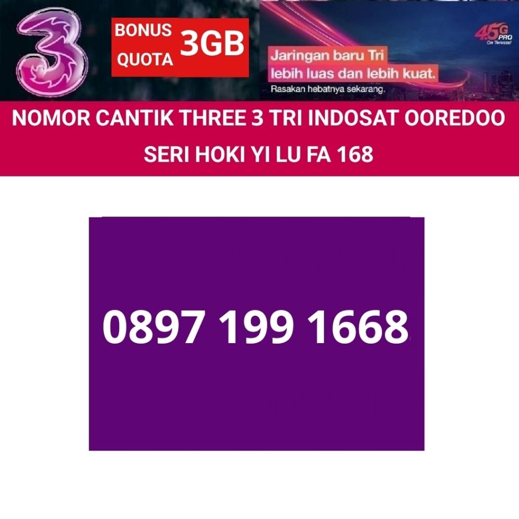 nomor cantik tri 3 three hoki 168 yi lu fa omer cantik kartu perdana