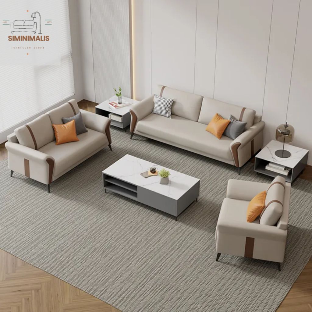 Sofa Ruang Tamu Keluarga Set Lengkap Minimalis Modern 321 Warna Cream Brown Premium - Kursi Tamu Aes