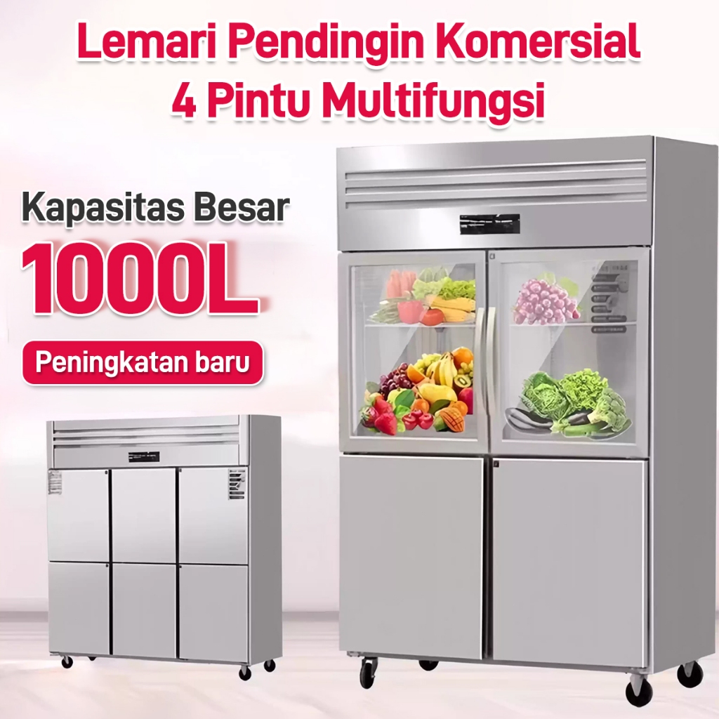Upright Chiller 4 Door Kulkas Dapur Komersial Stainless Steel Untuk Simpan Sayur Buah Susu Dll