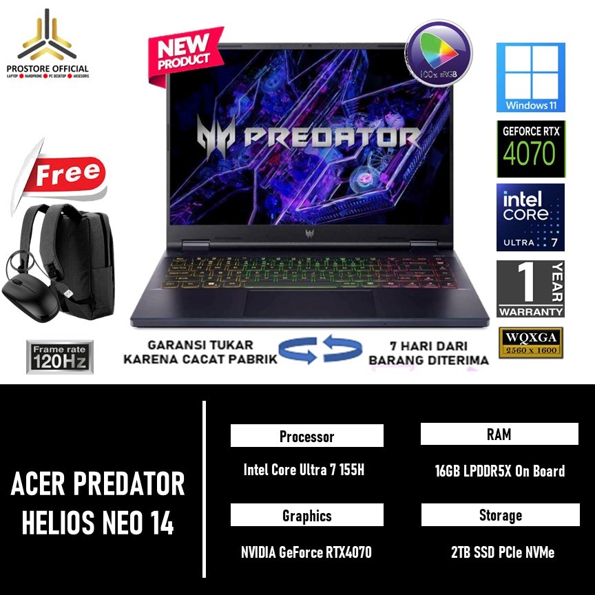 ACER PREDATOR HELIOS NEO 14 ULTRA 7 155H RTX4070 8GB - RAM 16GB 1TB WINDOWS 11 14.5 INCH QHD LAPTOP 