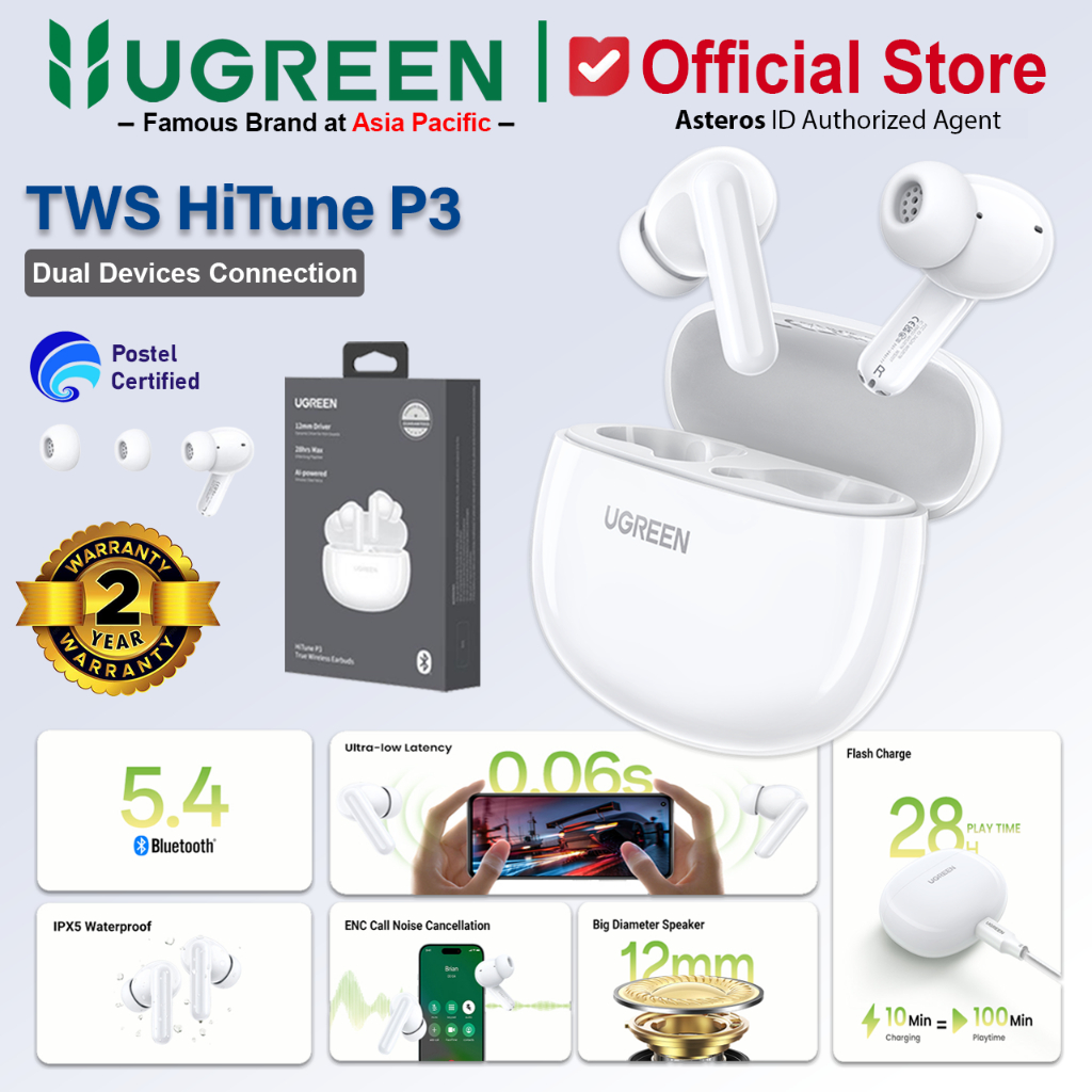 UGREEN Premium TWS HiTune P3 Earphone Wireless Bluetooth 5.4 Noise Canceling
