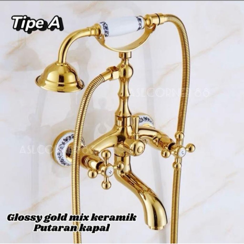Kran Bathtub kamar mandi panas dingin  2 putaran gold, kran shower gold klasik