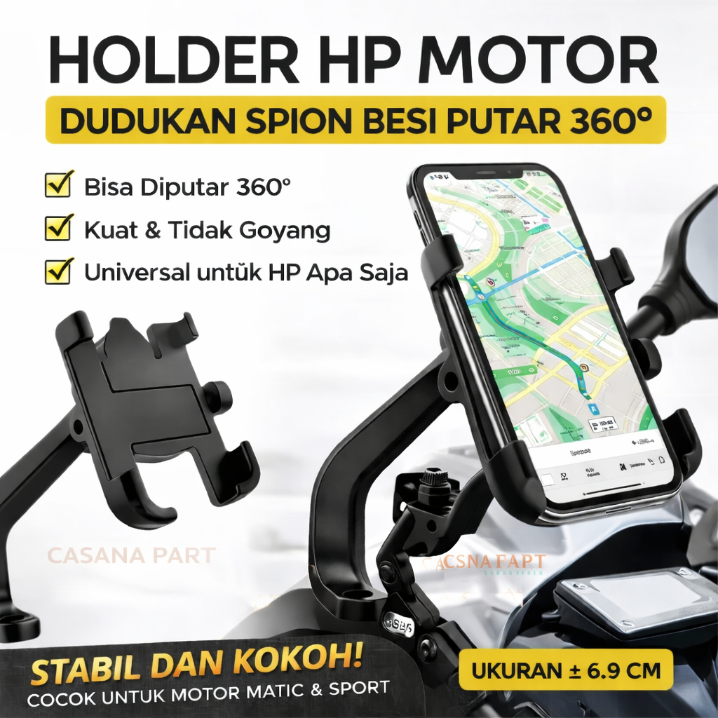 Holder HP Motor Dudukan Spion Besi Putar 360 Derajat Universal Motor Matic Sport Strong Material