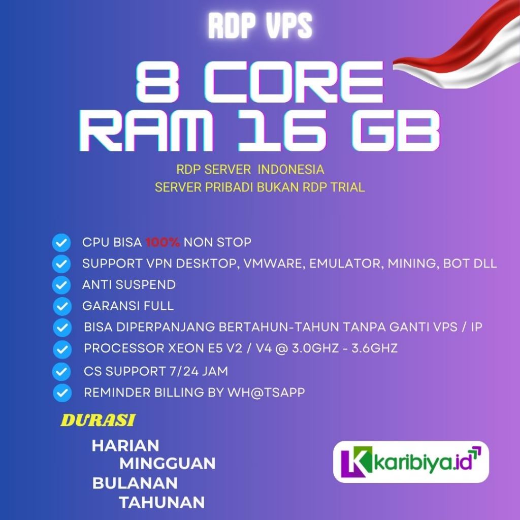 RDP VPS Indonesia 8 Core Ram 16 GB Windows Full Admin Bergaransi Anti Suspend Emulator Forex Youtube