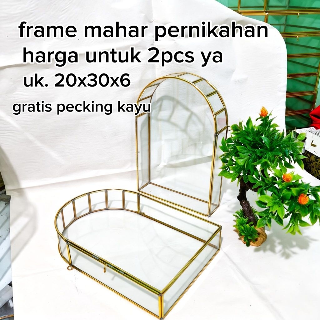 HARGA 2PCS frame mahar pernikahan / frame kaca kuningan kubah lengkung