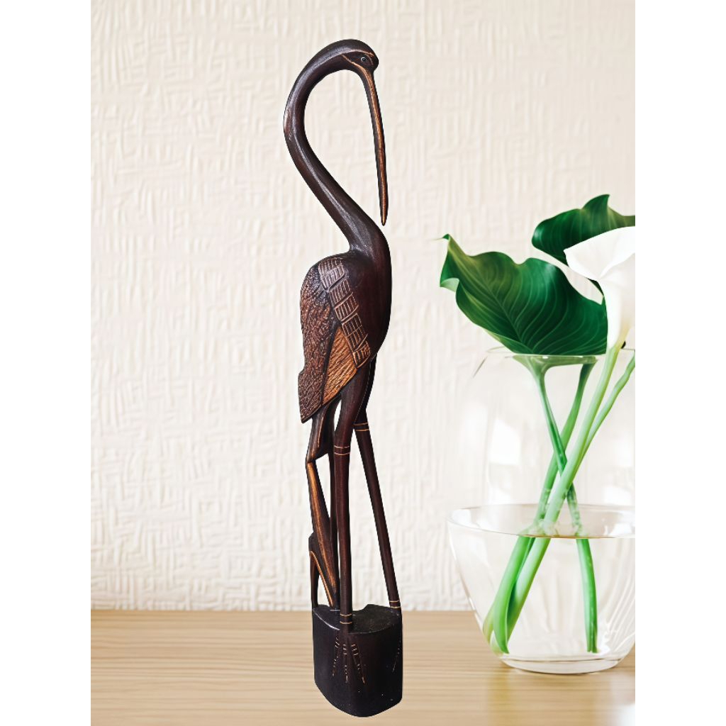 Patung Kayu Hewan / Binatang Burung Bangau Hitam Antik Ukuran 100cm / 80cm / 60cm | Dekorasi Rumah |