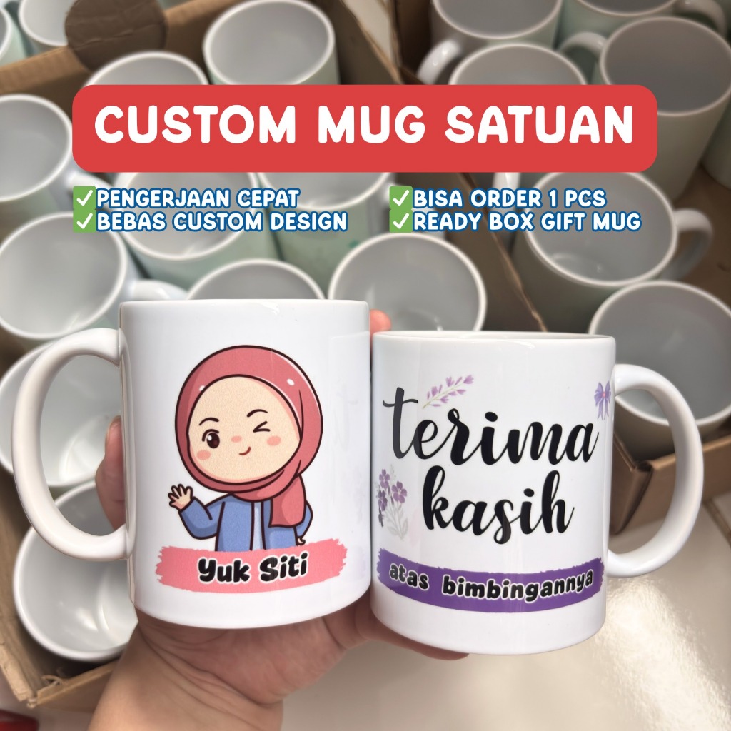 [SATUAN 1 PCS] MUG GELAS MINUM CUSTOM BEBAS DESIGN LEBARAN HADIAH REQUEST NAMA FOTO GAMBAR