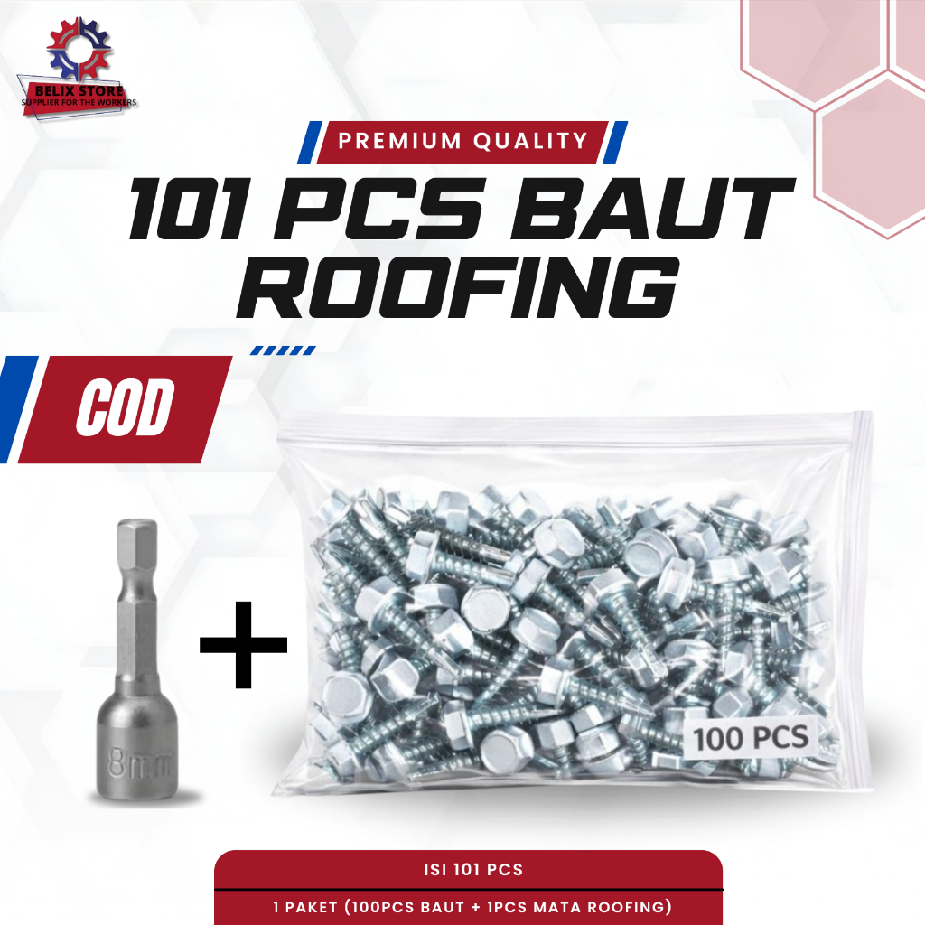 Baut Baja Ringan Roofing 1 Pack [ 100 Pcs ] Ukuran 10 x 16mm - Mata sok Kepala Bor Rufing Baut Sekru