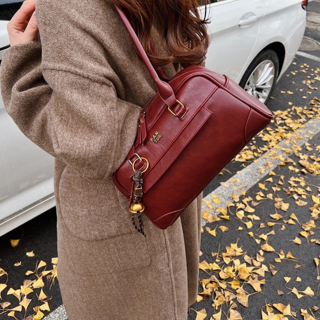 Tas Bahu Wanita Vintage Boston Bag Premium Leather - Tas Selempang Retro Elegant Shoulder Bag Kerja 