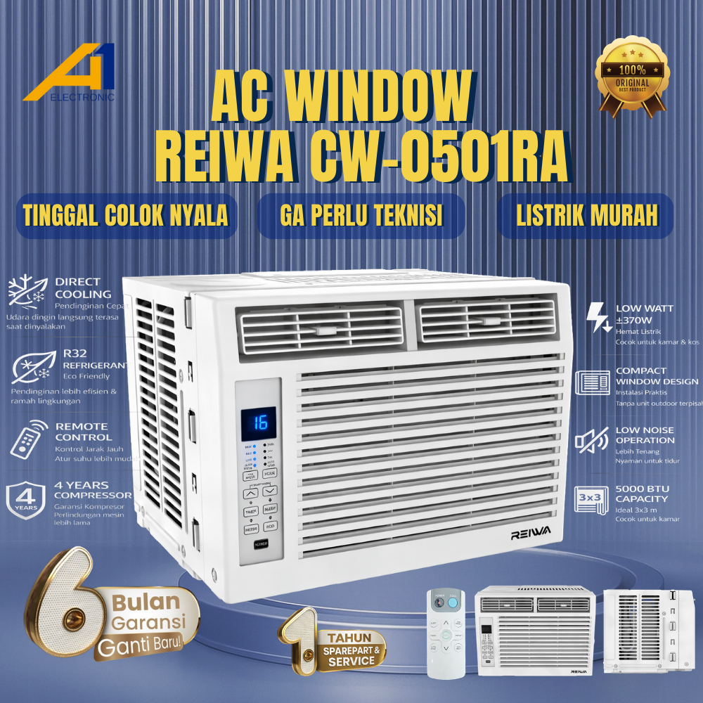 REIWA AC Window CW 0501RA 1/2 PK & CW 0901RA 1 PK - 370 Watt Low Watt, Awet, Murah, Pendingin Cepat