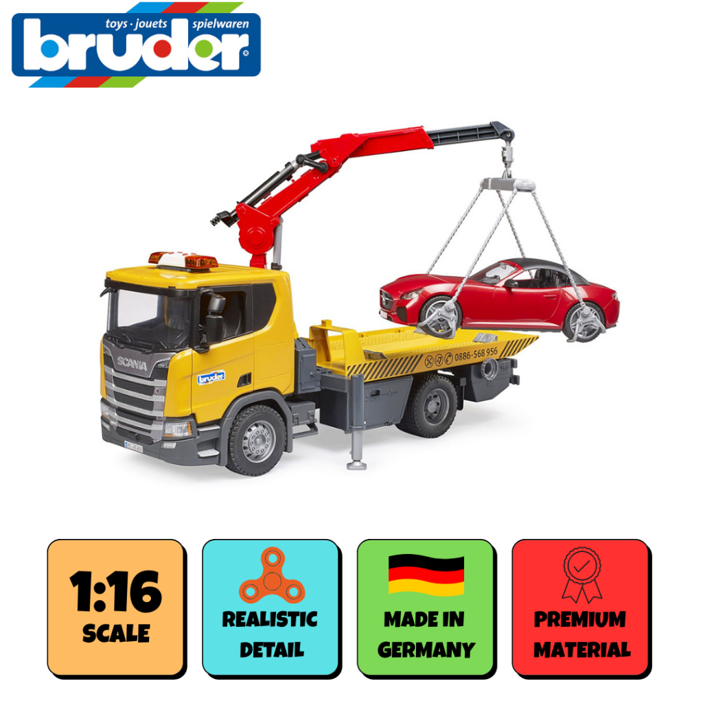 BRUDER 3552 Scania Super 560R Tow truck with Light & Sound Module and Roadster - Mainan Miniatur Tru