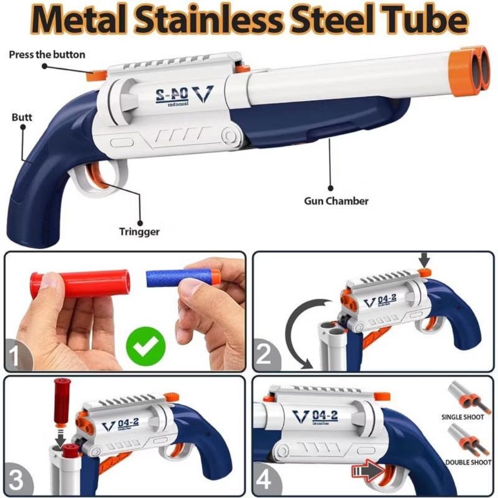 Mainan Anak Double Barrel Toy Blaster Soft Bullet kEVA Bullet Karet Shell Eject Shotgun 2 In 1 Y3368