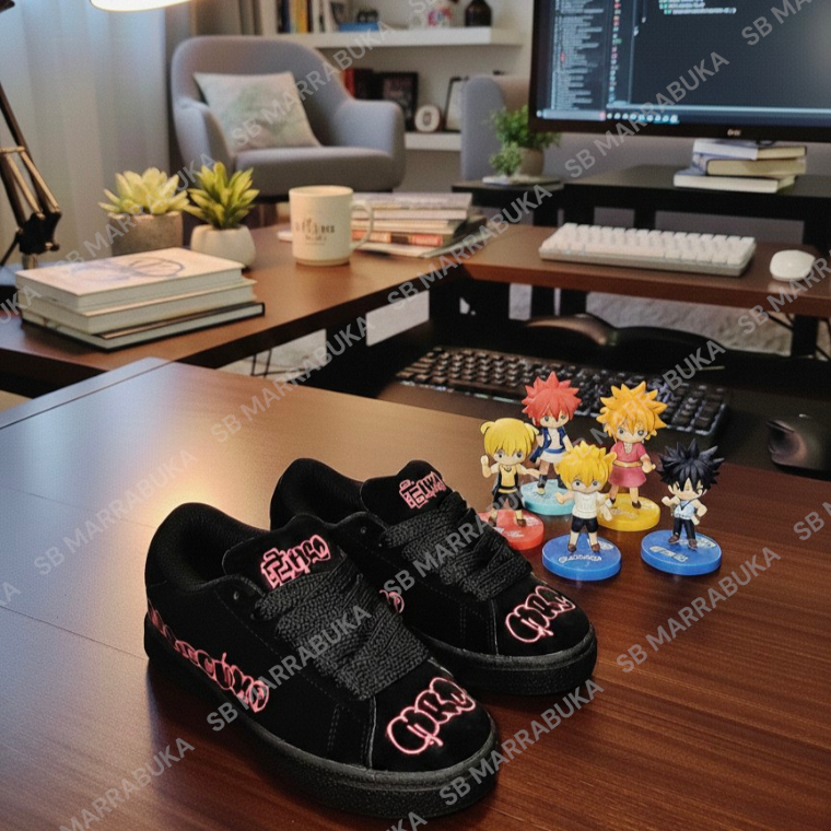 SB MARRABUKA Sepatu casual skate model grafiti warna hitam fanta model gemuk busa tali bahan suede t