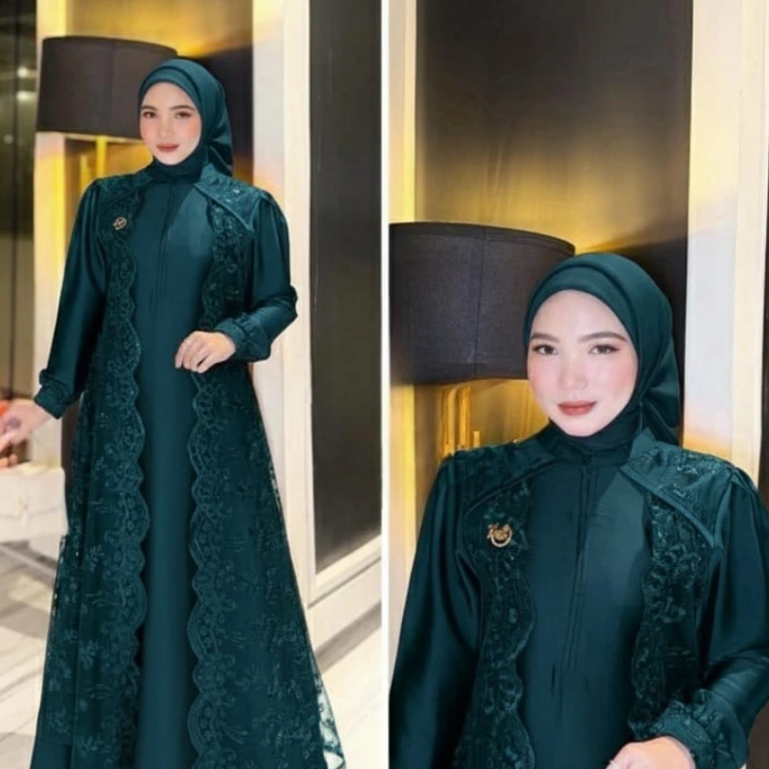 Marbela Dress Bahan Velvet Mix Brukat Emerald Green Terbaru Gamis Lebaran 2026 Mewah Elegant Premium