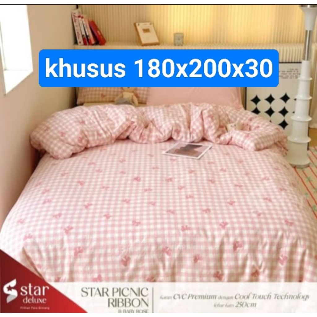 Sprei katun Star Deluxe Motif Picnic Ribbon pink ukuran 180x200x30