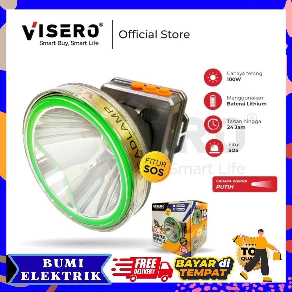Senter Kepala Premium 100W Visero Cahaya Putih (HI-410W) / 7.200mAh Tahan 24 Jam Baterai Cas